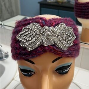 Elegant Purple Knit Headband with rhinestone Silver Embellishment